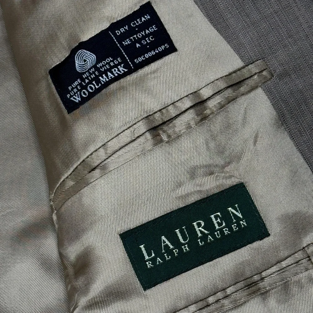 Lauren Ralph Lauren Blazer Mens 40L Tan Herringbone 100% Wool Sport Coat Jacket